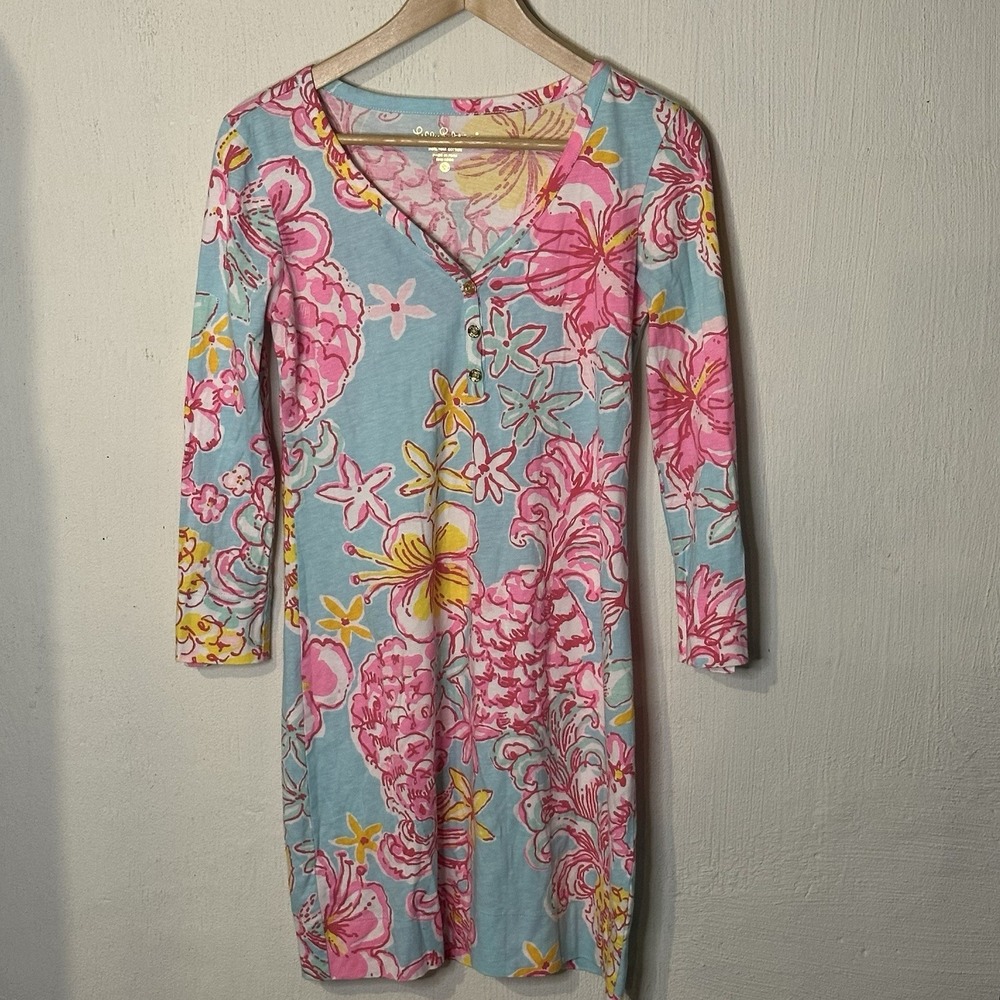 Lily‎ Pulitzer Cotton 3/4 Sleeve Short Dress Floral Print Button Sleeve Sz S